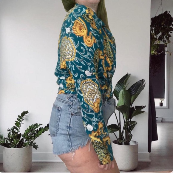 Vintage Y2K 90s Print Light Blazer Open Blouse M Blue Gold Flowy Medium - Picture 4 of 9